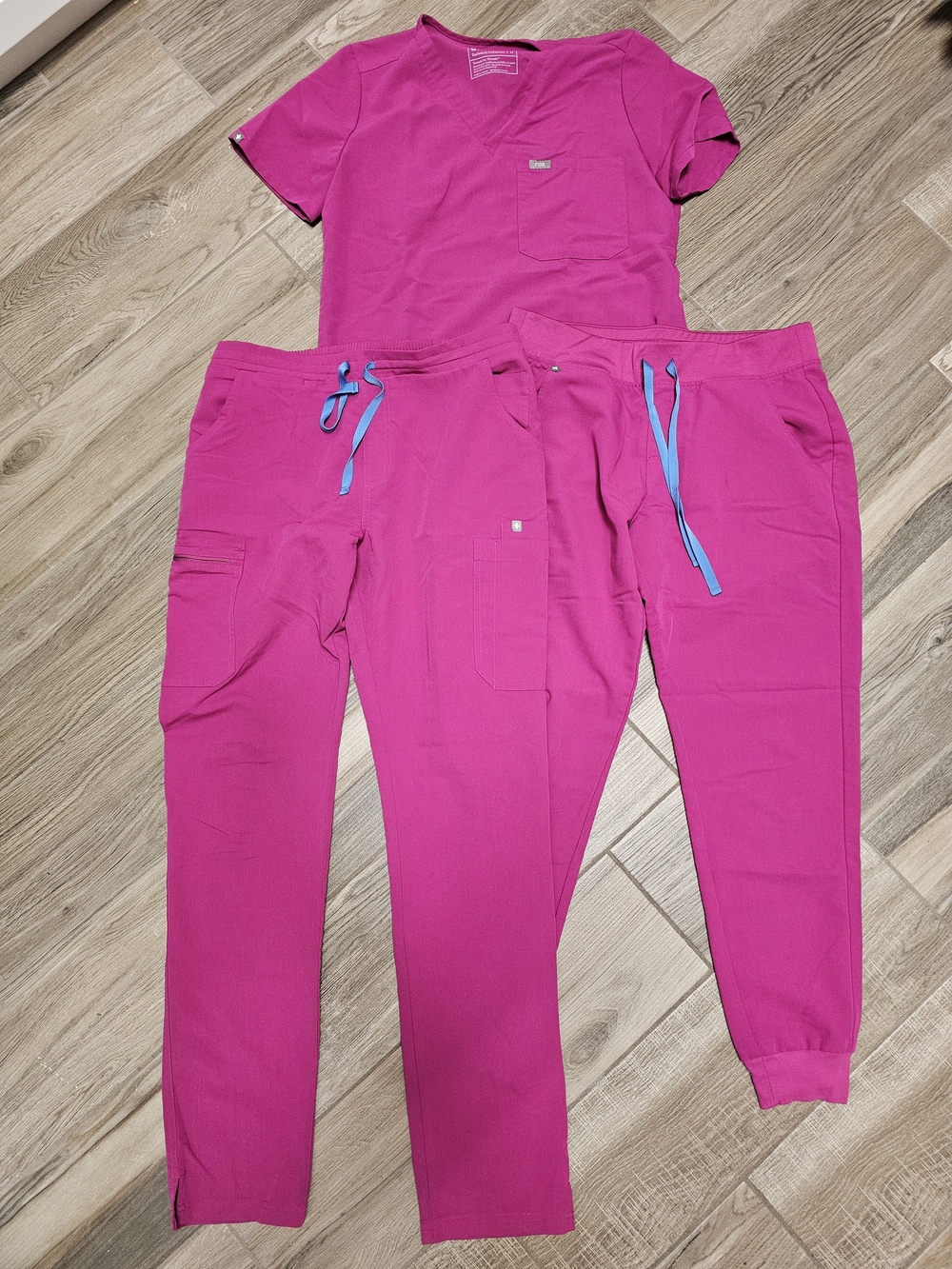 Figs Bright Pink Scrub Top with Two Matching Bottoms
